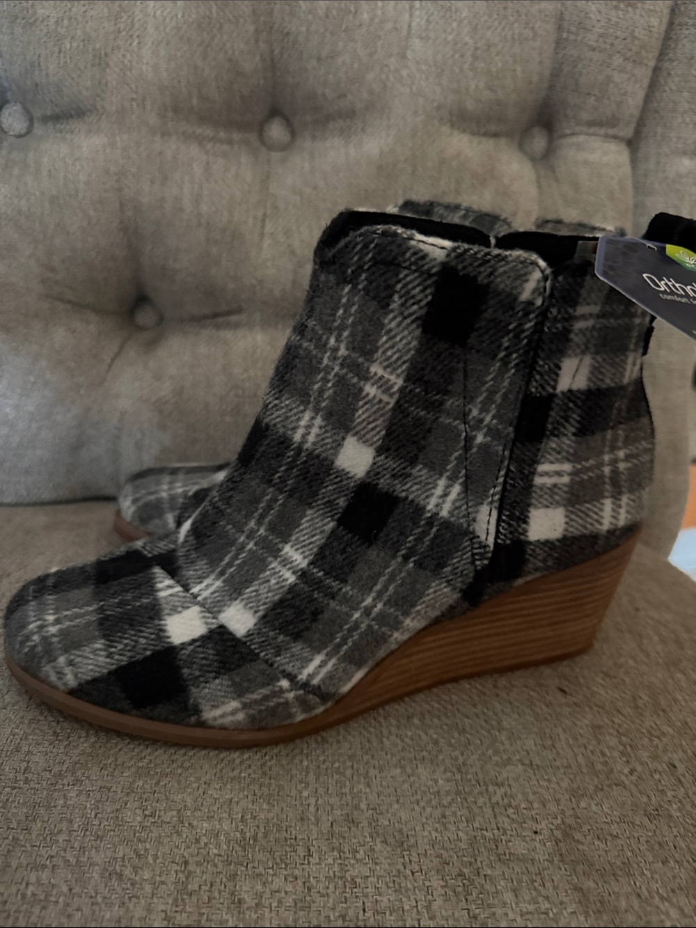 Toms Black and White Plaid Wedge Ankle Booties